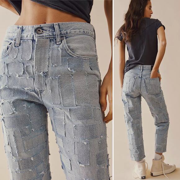 Levi's High-Rise Column Straight Leg Patchwork Jeans Light Wash Western 26x27 - Picture 1 of 13